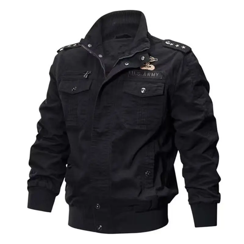 Herren Militärische Bomberjacke mit Epauletten, Stehkragen und Utility-Taschen Drune