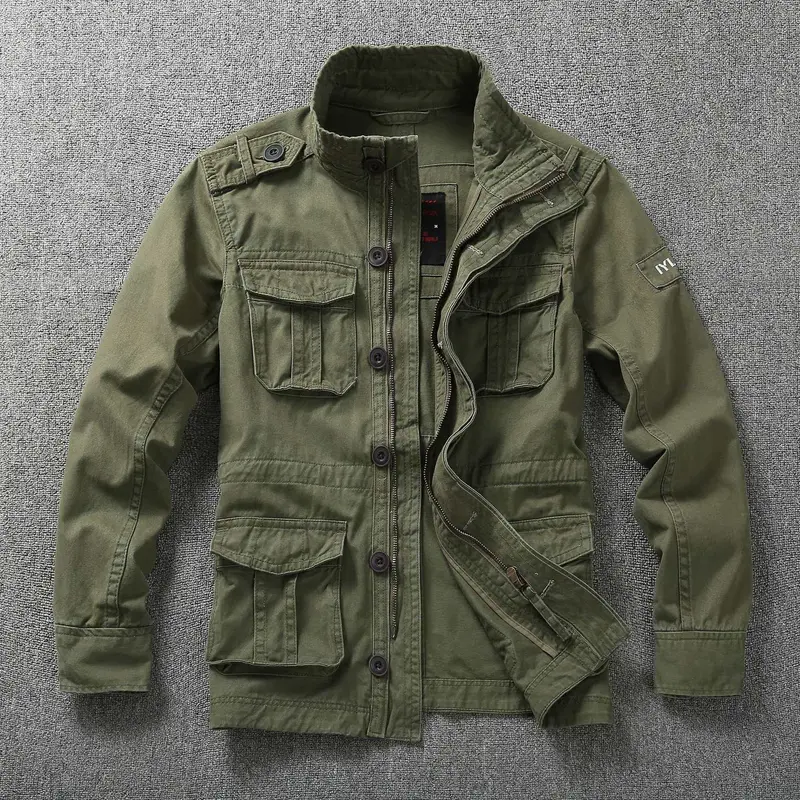 Herren Militärische Feldjacke aus Baumwoll-Mix mit Stehkragen und Multifunktionstaschen Drune