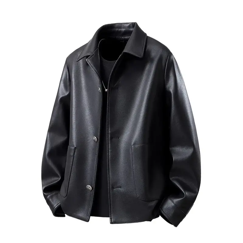 Herren Minimalistische Kunstleder-Überhemdjacke mit feiner Narbung, Metallknöpfen & geradem Schnitt Drune