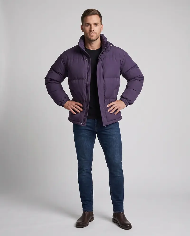 Herren minimalistische Thermo-Puffjacke mit hohem Stehkragen, internem Windschutz und elastischem Saum