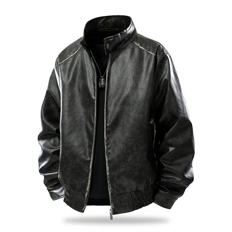 Herren Modern geschnittene Kunstleder-Fliegerjacke mit Stehkragen, Reißverschluss und elastischem Saum Drune
