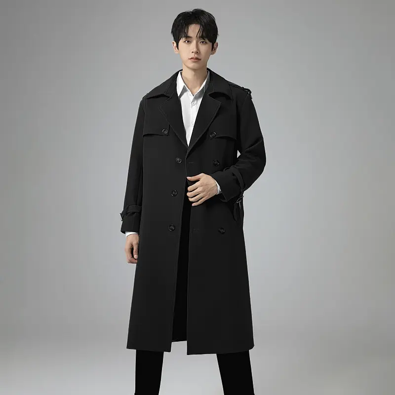 Herren Moderner Maxilanger Doppelreihiger Trenchcoat mit klassischem Revers und verstellbaren Manschetten Drune