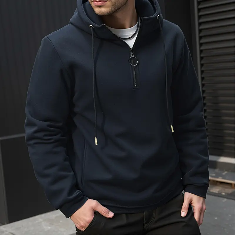 Herren Modernes sportlich-elegantes Kapuzen-Sweatshirt mit Fronthalbzip und Kordelzug Drune