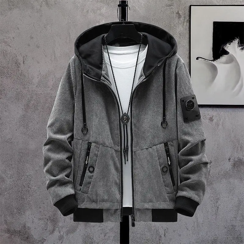 Herren Modische Cordjacke mit abnehmbarer Kapuze Drune