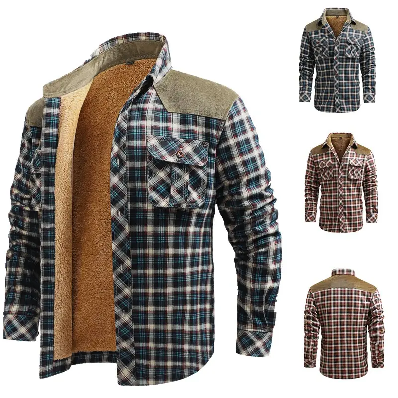 Herren Modische Flanellhemdjacke mit Teddyfutter und Schulterpatten Drune