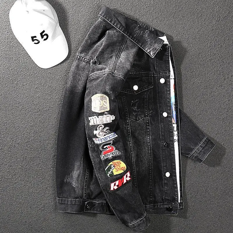Herren Modische Jeansjacke mit kreativen Patches Drune
