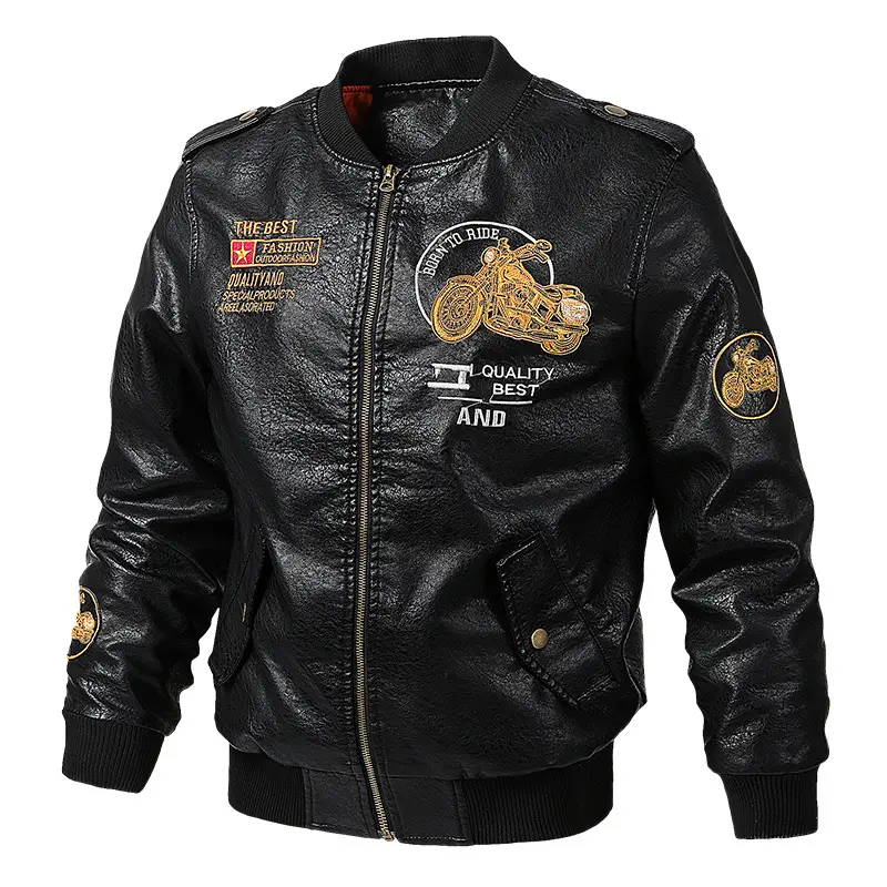 Herren Modische Kunstleder-Bomberjacke mit Stickereien Drune