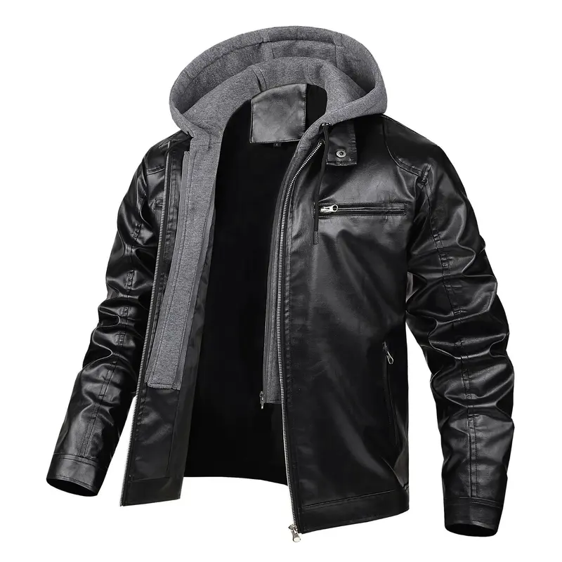 Herren modische Kunstlederjacke mit abnehmbarer Kapuze Drune
