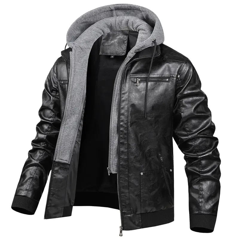 Herren Modische Kunstlederjacke mit abnehmbarer Kapuze Drune