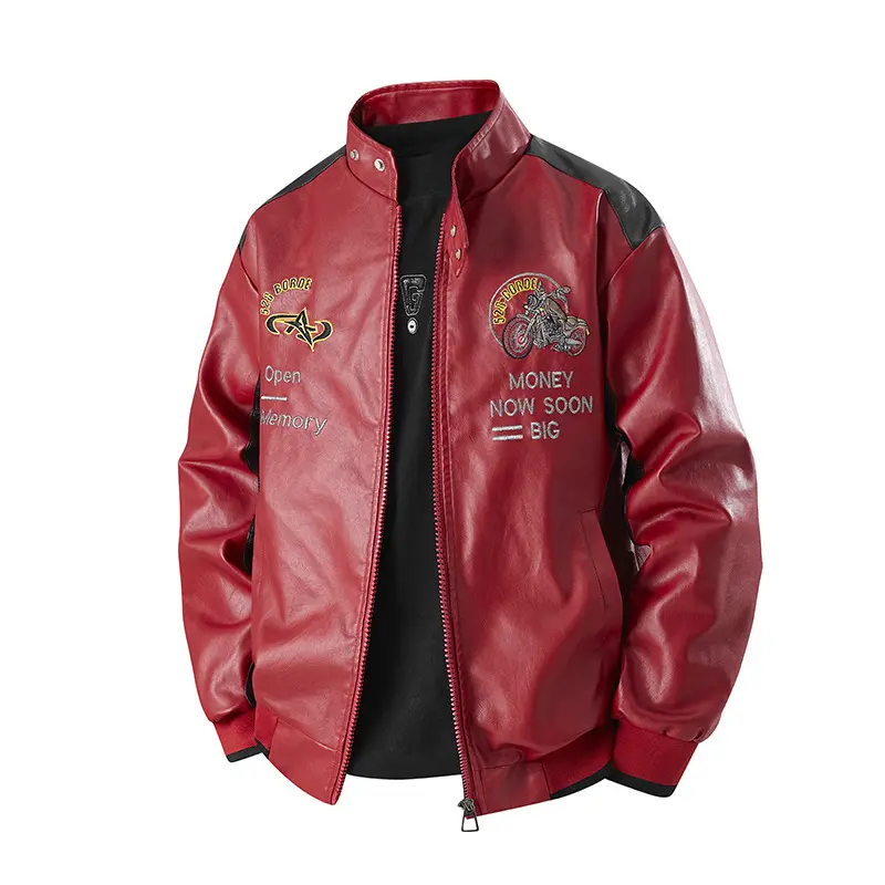 Herren Modische Kunstlederjacke mit aufwendiger Stickerei Drune