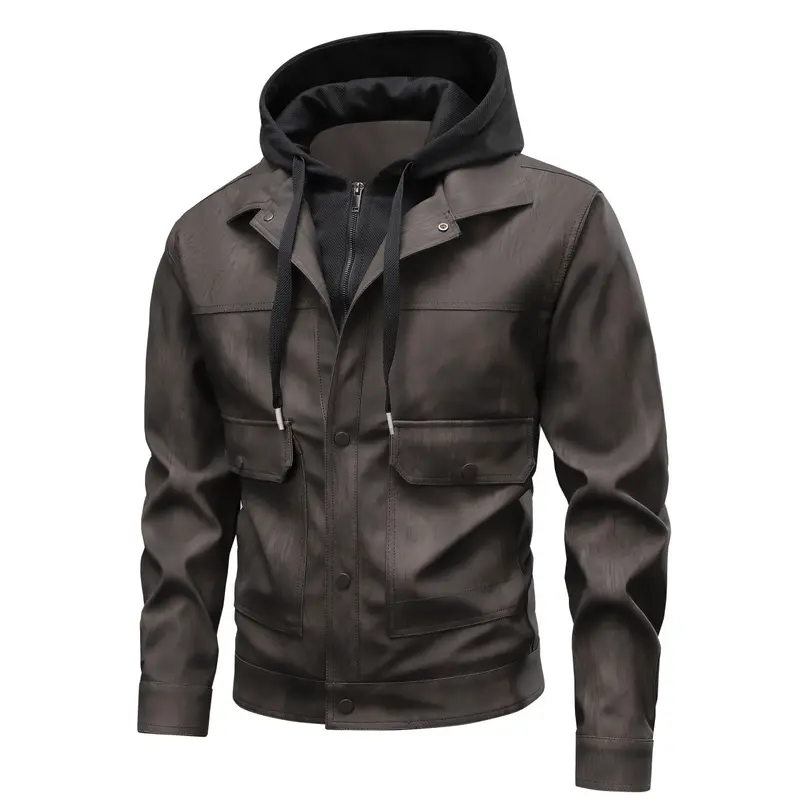 Herren Modische Kunstlederjacke mit Hoodie Drune