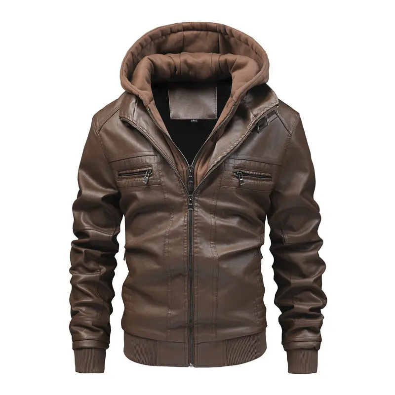 Herren Modische Kunstlederjacke mit integrierter Kapuze Drune