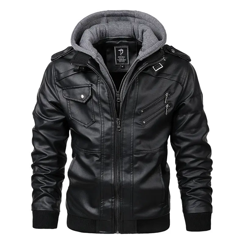 Herren Modische Kunstlederjacke mit Kapuze Drune