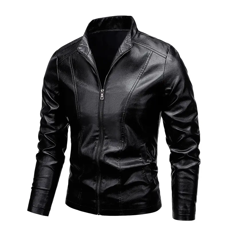 Herren Modische Kunstlederjacke mit klassischem Kragen Drune