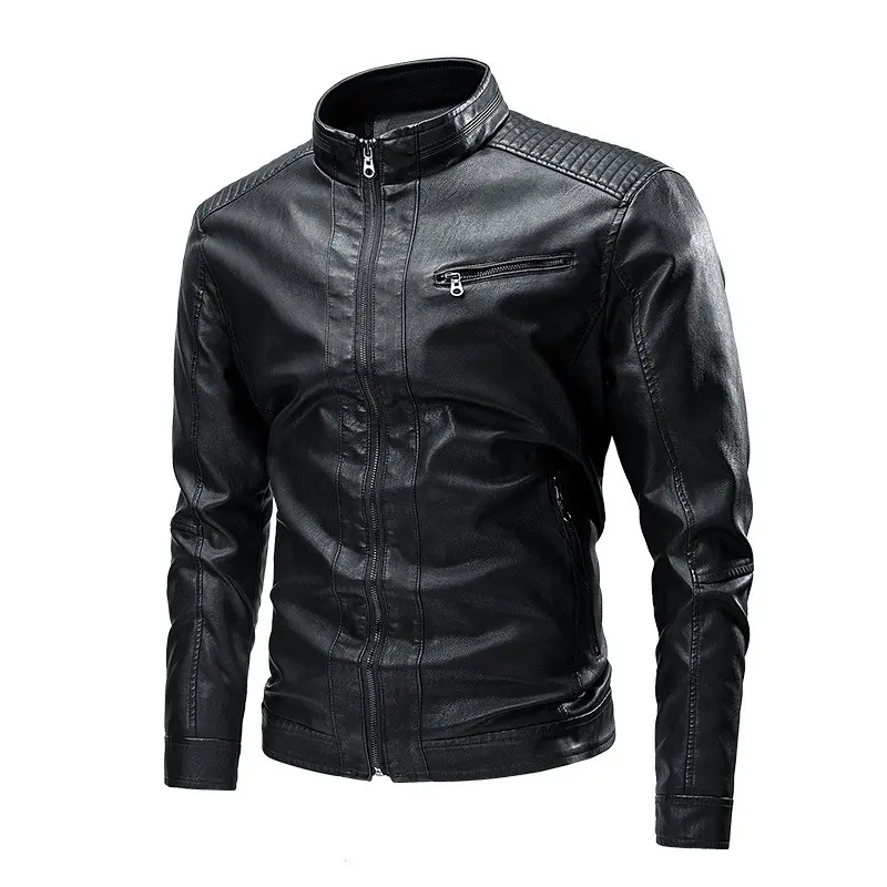 Herren Modische Lederjacke mit hochschließendem Kragen Drune