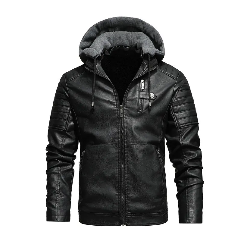 Herren Modische Lederjacke mit Kapuze Drune
