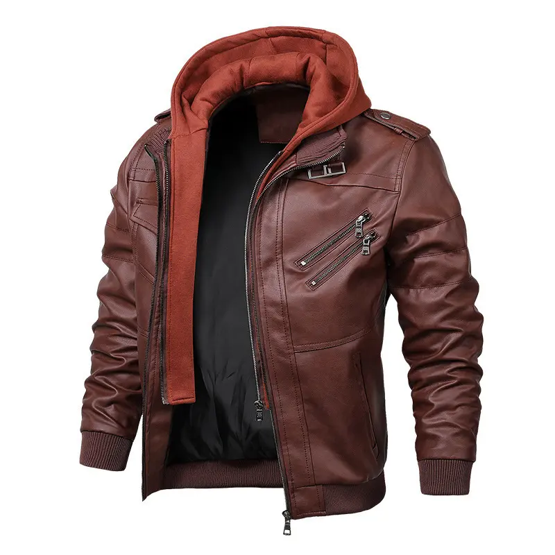 Herren modische Lederjacke mit Kapuze und Innenfleece Drune