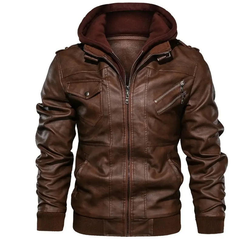 Herren Modische Lederjacke mit Kapuze und praktischen Taschen Drune