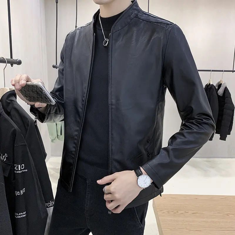 Herren Modische Lederjacke mit stylischem Kragen Drune