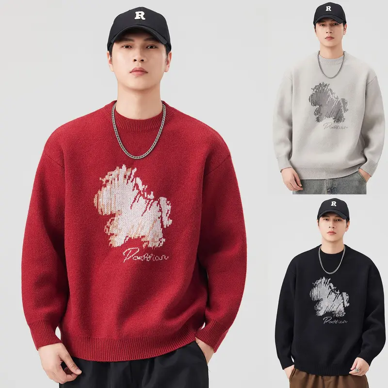 Herren Modischer Grobstrickpullover mit kreativer Tiermotiv-Applikation Drune