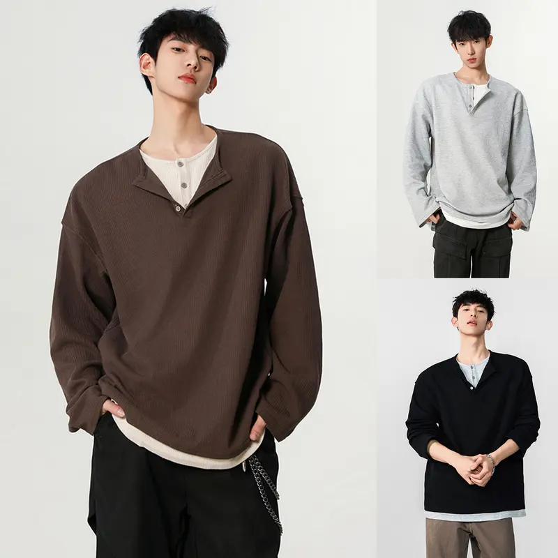 Herren Modisches Oversized-Henley-Shirt mit strukturierter Oberfläche Drune