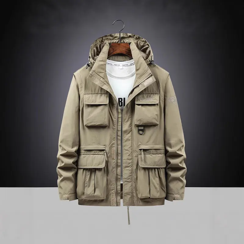 Herren Multifunktions-Fieldjacke mit Kapuzenkragen, Cargo-Taschen und D-Ring Drune