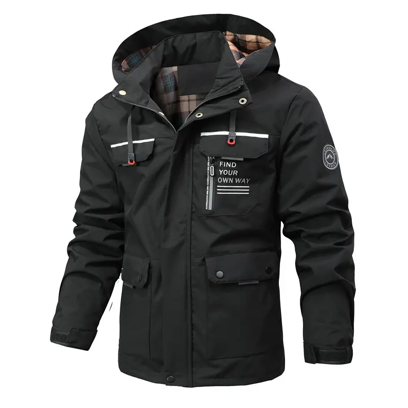 Herren Multitaschen-Softshell-Parka mit Kapuze und kariertem Innenfutter Drune