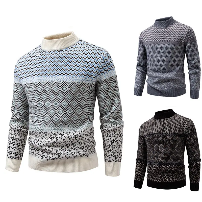Herren Norwegermuster-Pullover mit Stehkragen und feinem Jacquardstrick Drune