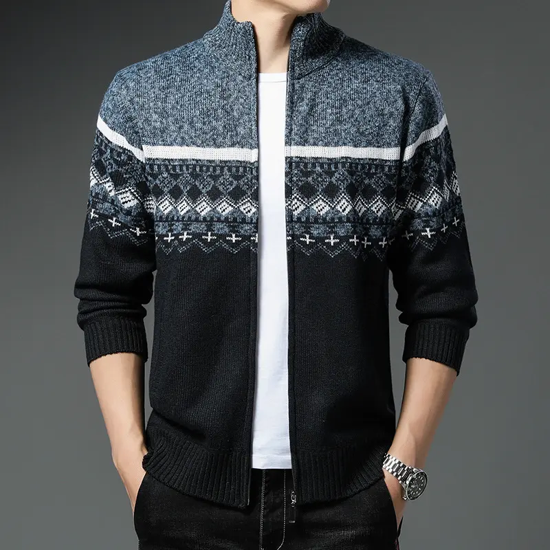 Herren Norwegermuster-Strickjacke mit durchgehendem Reißverschluss und Stehkragen Drune