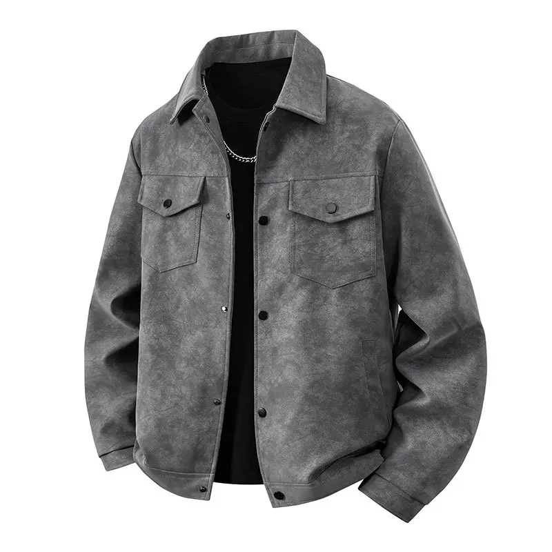 Herren Overshirt‑Jacke im Veloursleder‑Look mit Pattentaschen & Druckknopffront Drune
