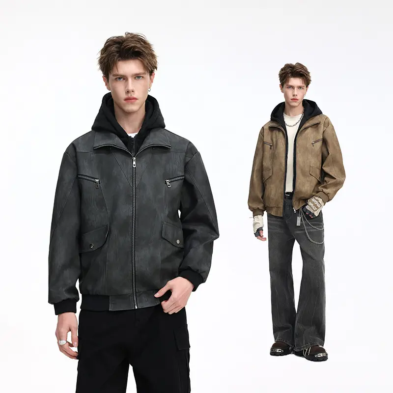 Herren Oversize-Blouson aus Kunstleder mit abnehmbarem Kapuzen‑Einsatz, Stehkragen und Utility‑Taschen Drune