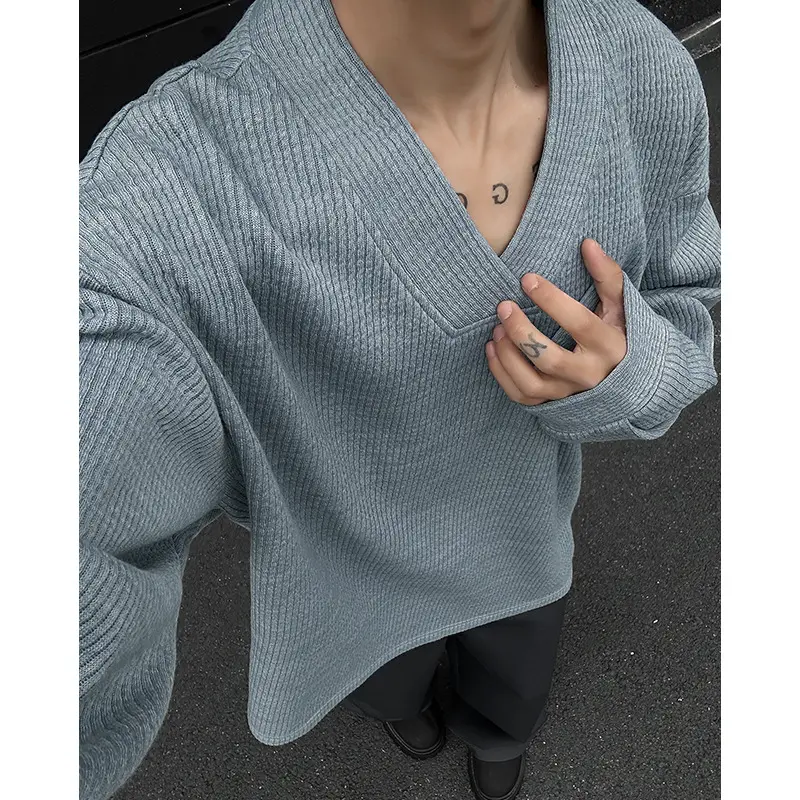 Herren Oversize-Feinstrickpullover mit tiefem V-Ausschnitt und Rippenstruktur Drune