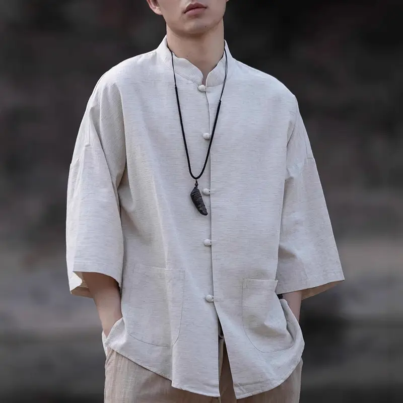 Herren Oversize Hemd im Kimono-Stil aus Leinen-Baumwollmix mit Stehkragen Drune