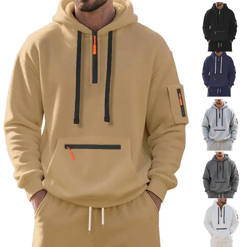 Herren Oversize-Kapuzenpullover mit halbem Reißverschluss, Kängurutasche mit Reißverschluss und Ärmel-Pocket Drune