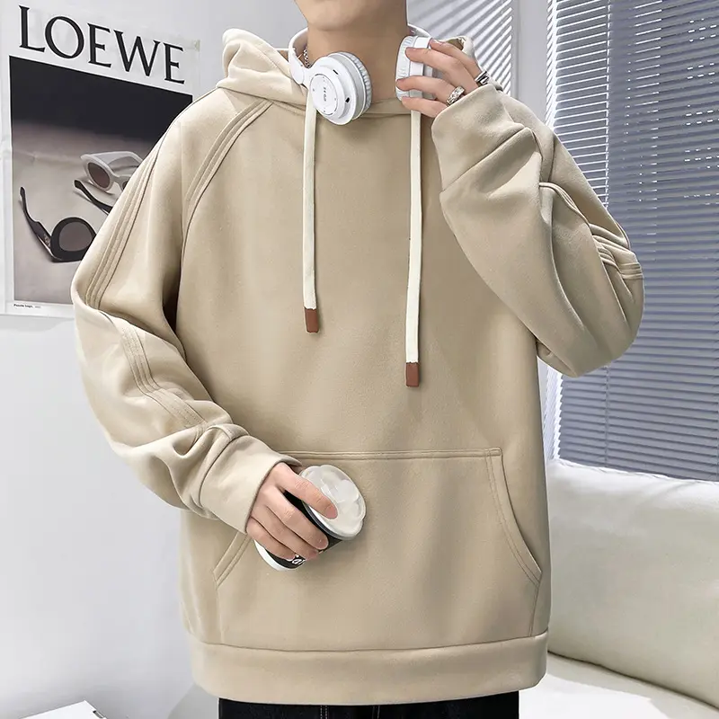 Herren Oversize Kapuzenpullover mit Kängurutasche Raglanärmeln und extra langen Kordeln Drune