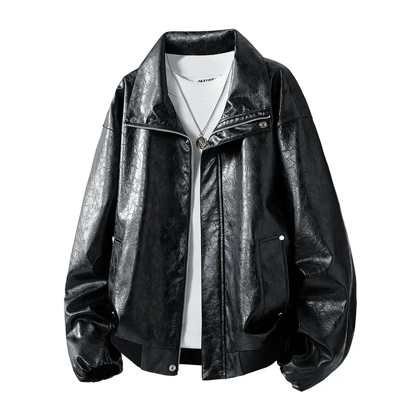 Herren Oversize Kunstleder‑Fliegerjacke mit breitem Umlegekragen, Zwei‑Wege‑Reißverschluss & gerippten Abschlüssen Drune
