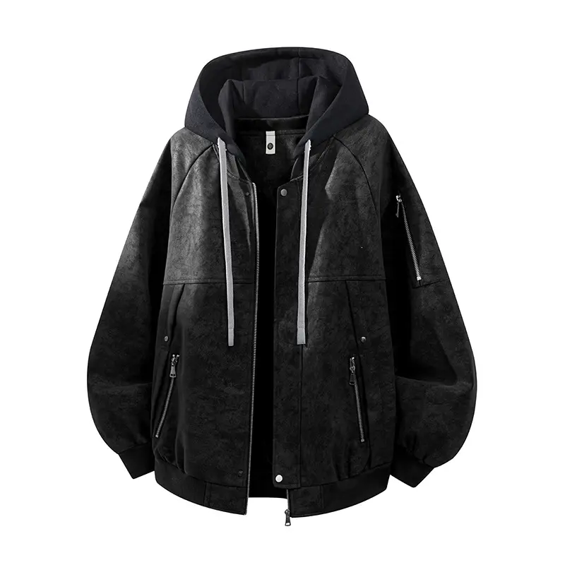 Herren Oversize-Kunstvelours-Kapuzen-Bomberjacke mit Ärmeltasche und Thermofutter Drune