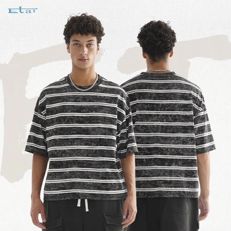 Herren Oversize Kurzarmshirt im verwaschenen Used-Look mit Blockstreifen Drune