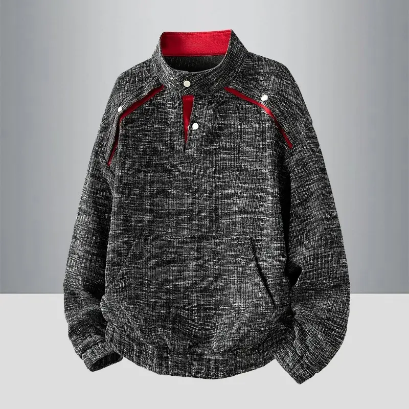 Herren Oversize Struktur-Halbzip-Strickpullover mit Stehkragen, Druckknopfblende & Kängurutasche Drune