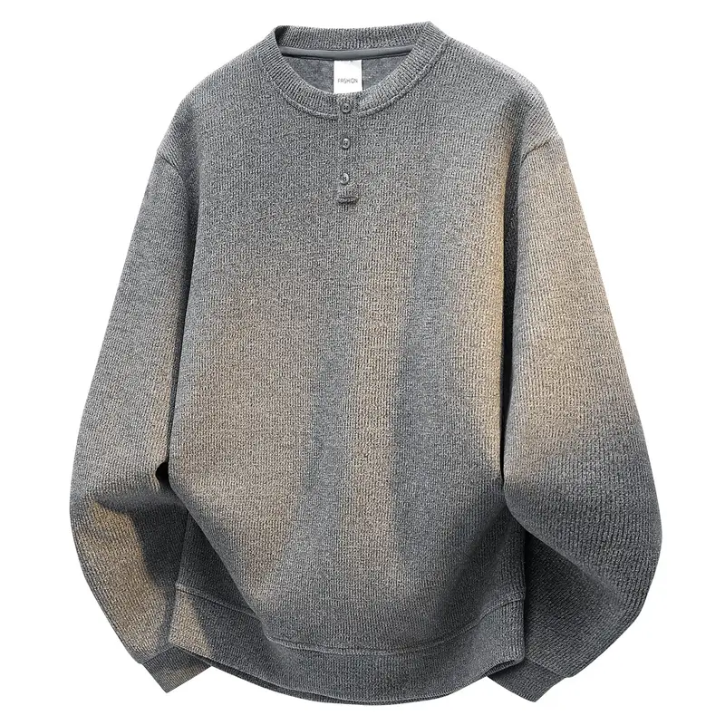 Herren Oversize Strukturierter Henley-Strickpullover mit dreifacher Knopfleiste Drune