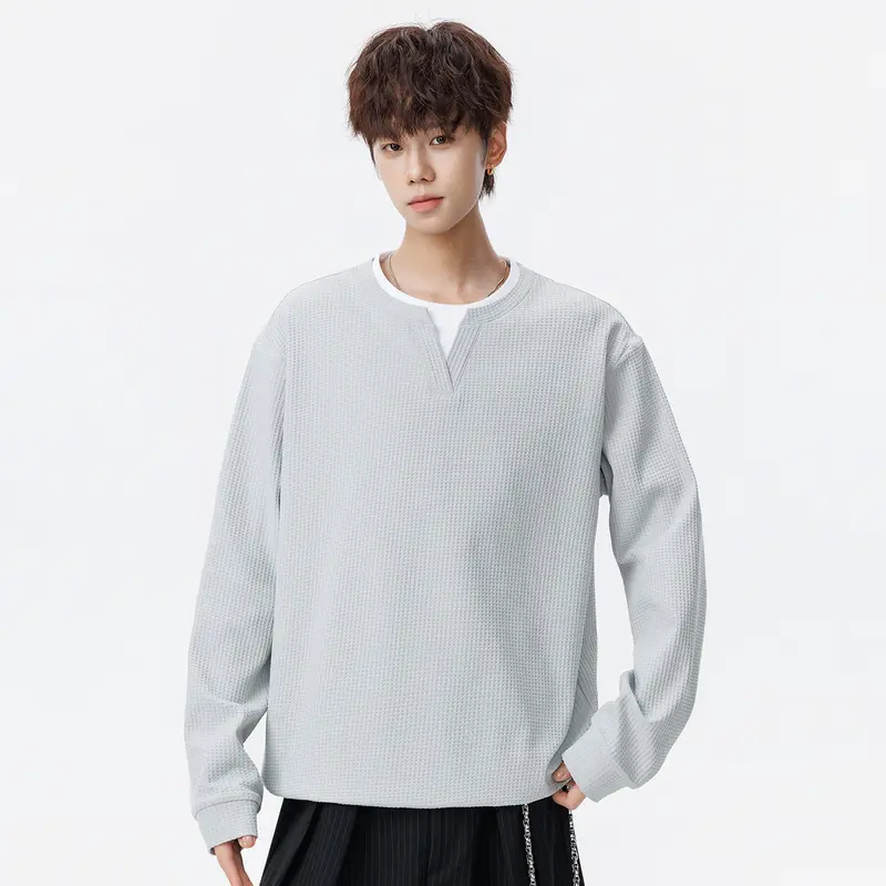 Herren Oversize Waffelstruktur-Langarmshirt mit V‑Einsatz und Layering-Optik Drune