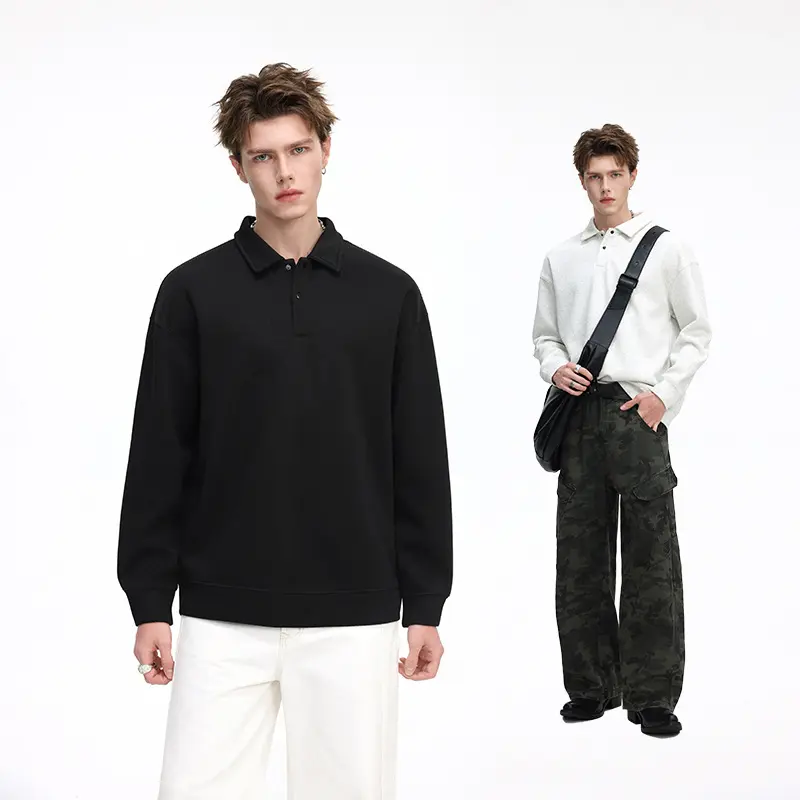 Herren Oversize Waffelstruktur-Polopullover mit halber Knopfleiste und gerippten Bündchen Drune
