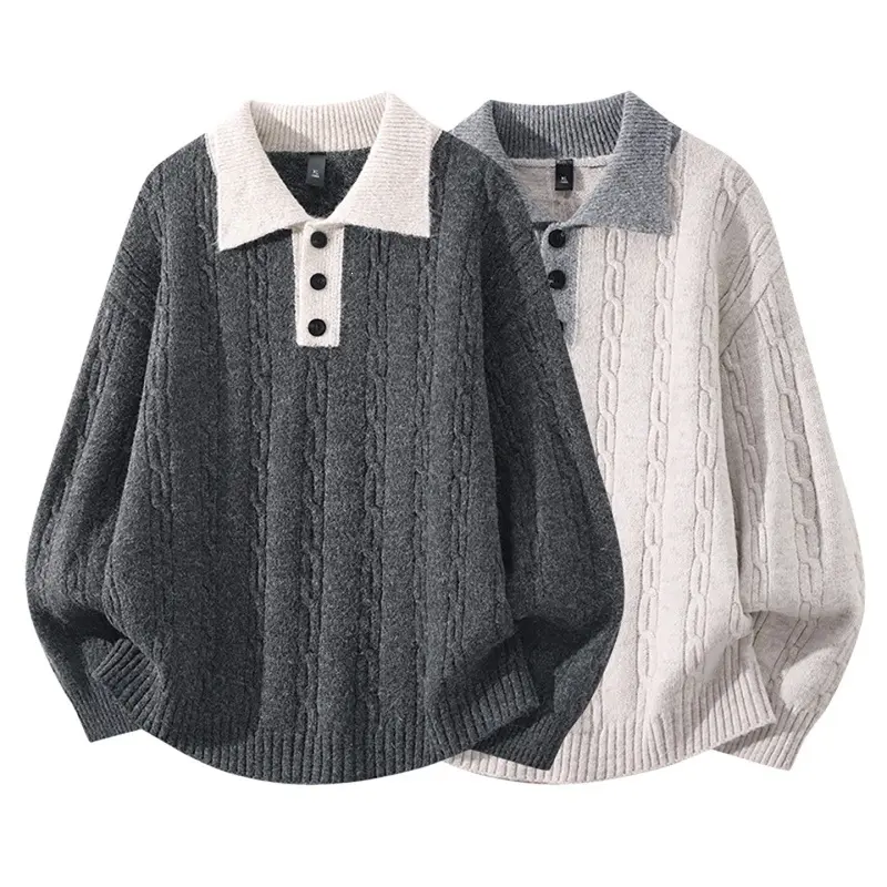 Herren Oversize Zopfmuster-Polo-Strickpullover mit Kontrastkragen und Dreiknopfleiste Drune