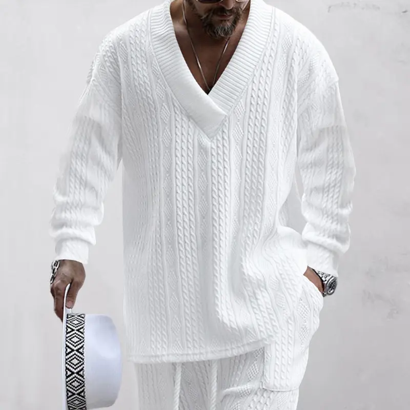 Herren Oversize-Zopfmuster-Pullover mit tiefem V-Ausschnitt Drune