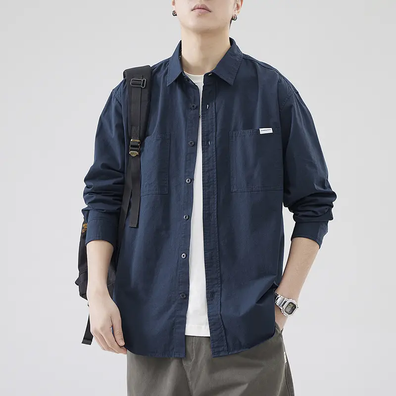 Herren Oversized Baumwollhemd mit doppelten Brusttaschen und Relaxed-Fit Drune