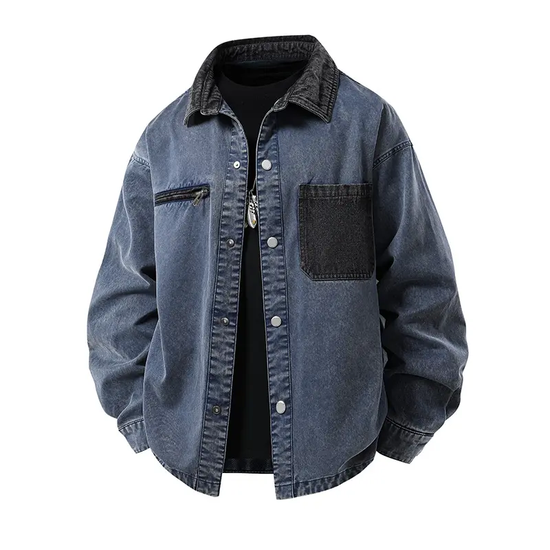Herren Oversized Denim‑Überhemdjacke mit Druckknopffront, Brusttaschen & Reißverschluss-Detail Drune