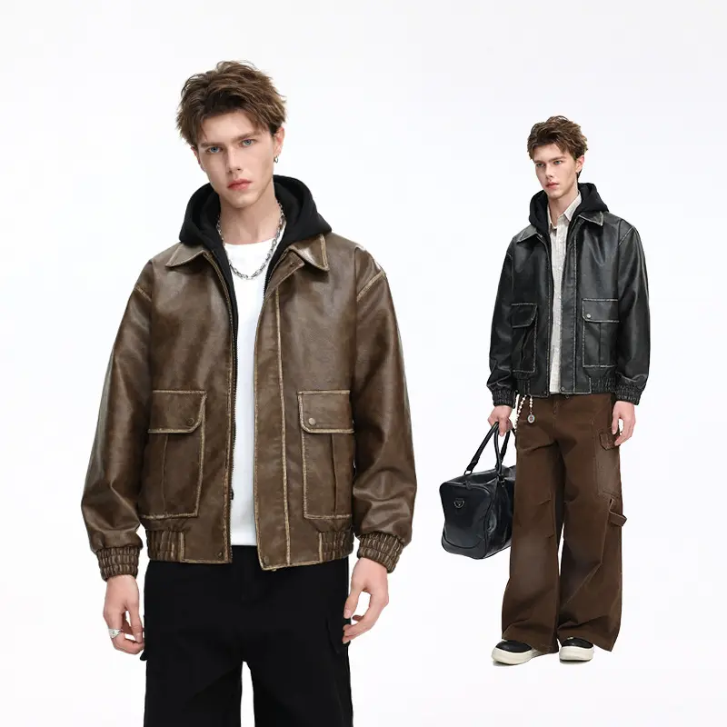 Herren Oversized Faux‑Leather Bomberjacke mit abnehmbarer Kapuze und Utility‑Taschen Drune