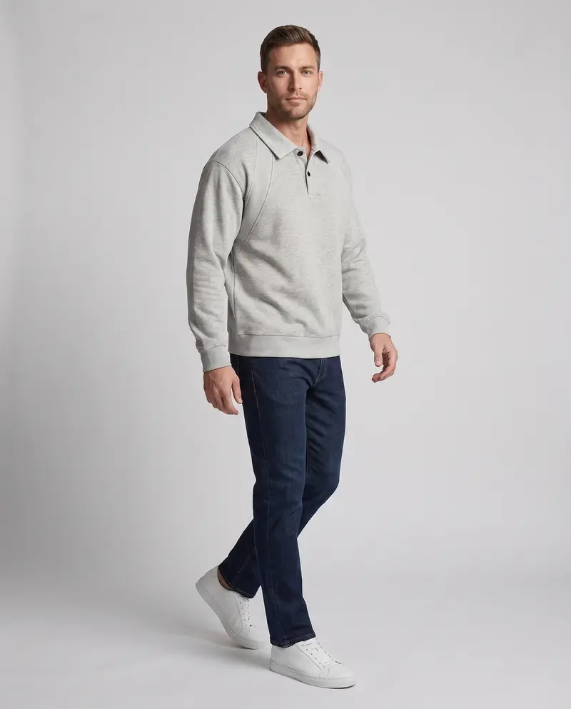 Herren oversized Polo Sweatshirt mit Raglanärmeln, Hemdkragen und abgerundetem Saum
