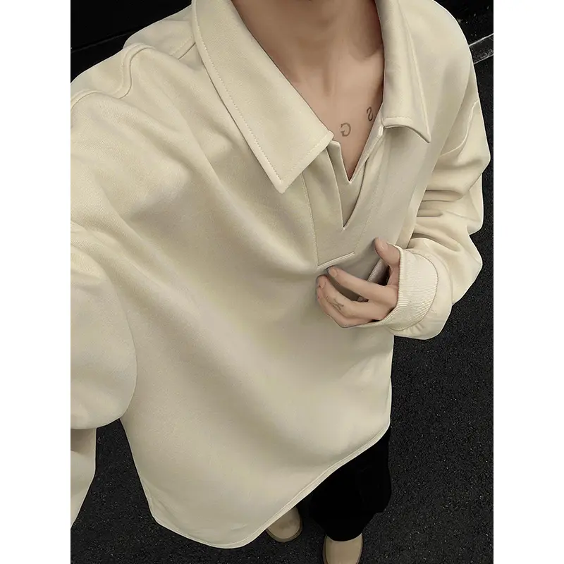 Herren Oversized Polo‑Sweatshirt mit tiefem V‑Ausschnitt, Hemdkragen und gerippten Bündchen Drune