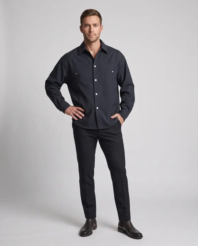 Herren Oversized Shirtjacke mit Druckknopfblende, abgerundetem Saum und weichem Canvas-Stoff